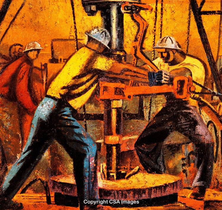 Workers Operating Machinery in Industrial Oil Rig Setting at Golden Hour