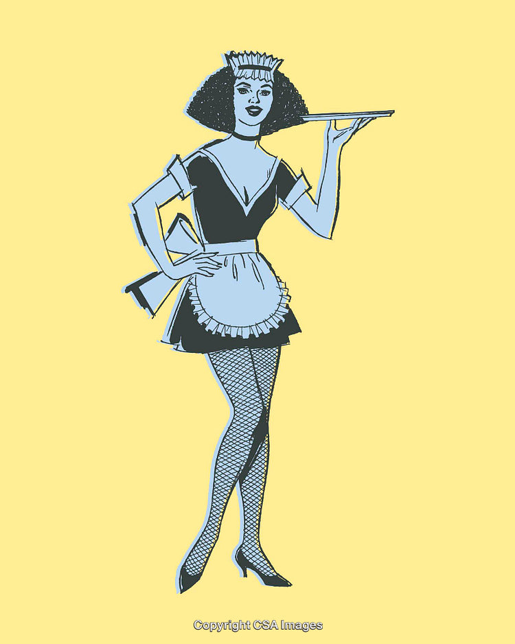 Vintage Styled Waitress Illustration Serving on a Yellow Background