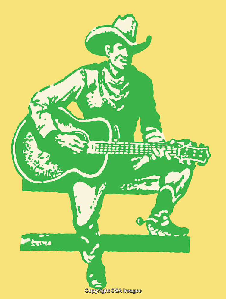Stylized Green Line Art of Cowboy Playing Guitar on Yellow Background
