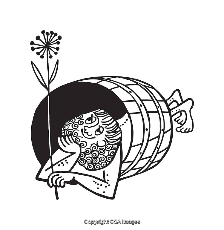 A Humorous Black and White Illustration of a Person Relaxing in a Barrel