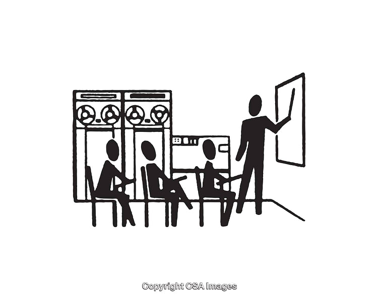 Black and White Line Art Depicting a Classroom Presentation Scene