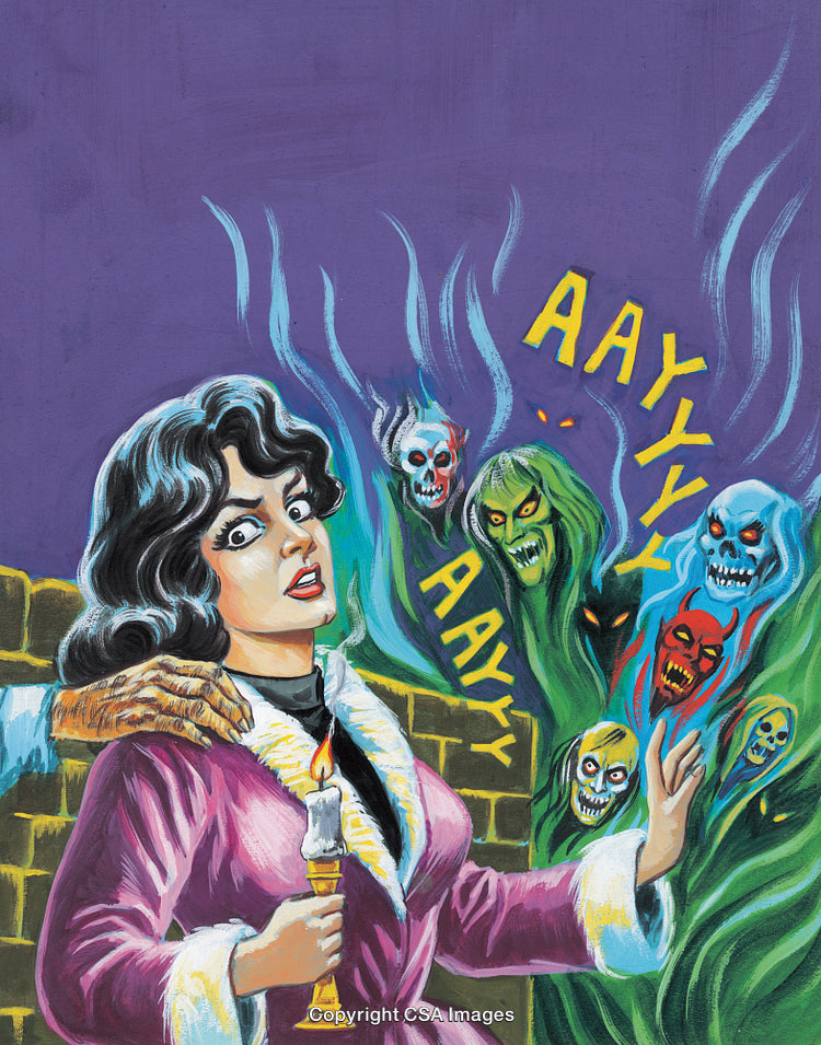 Frightened Woman Encounters Ghostly Apparitions With Menacing Expressions and a Candle