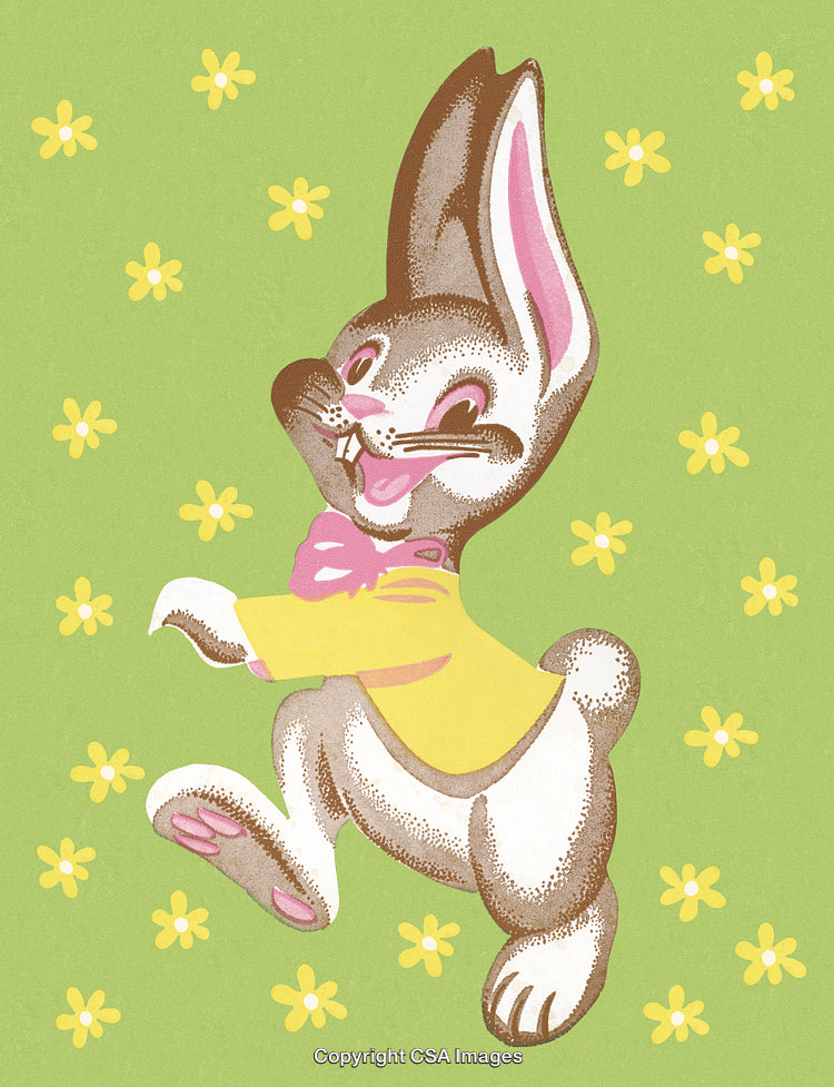 Retro Style Illustration of a Cheerful Bunny on Green Background with Yellow Flowers