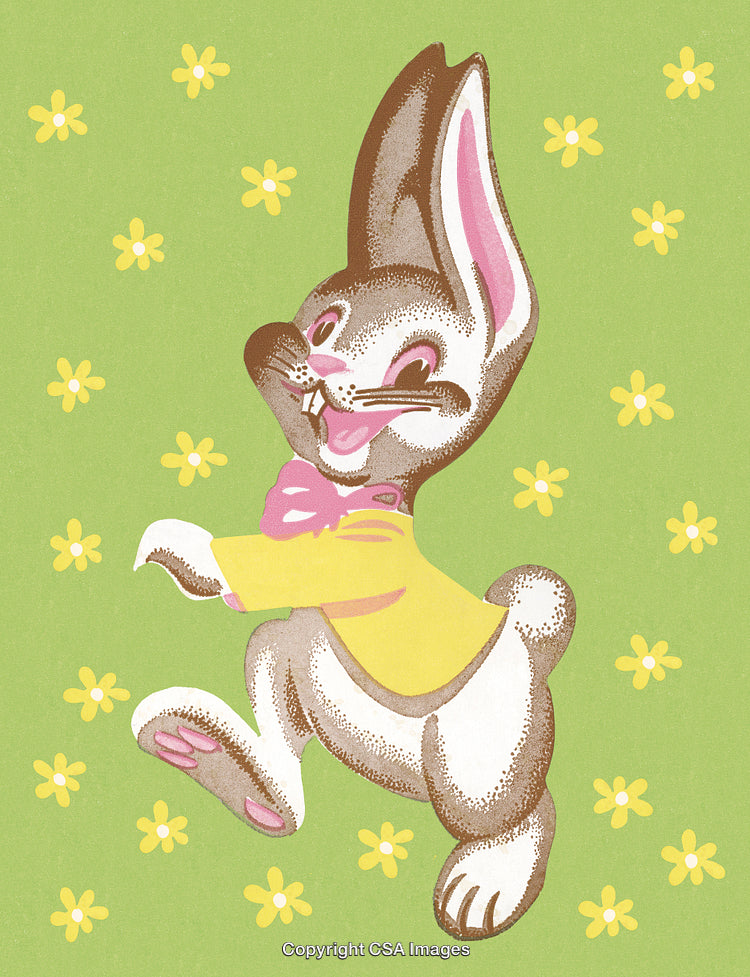 Retro Style Illustration of a Cheerful Bunny on Green Background with Yellow Flowers