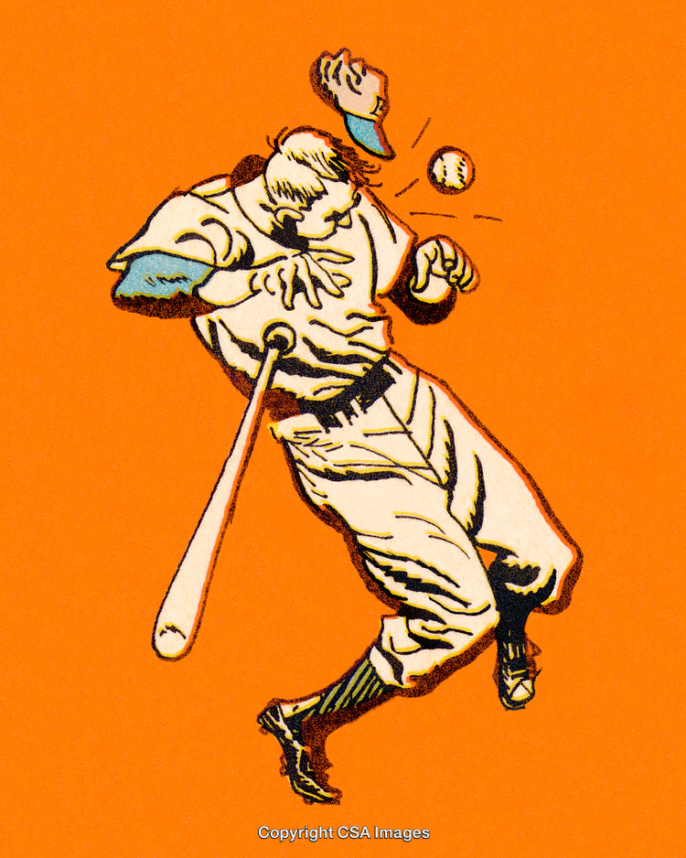 Vintage Illustration of a Baseball Player Evading a Pitch Against an Orange Background