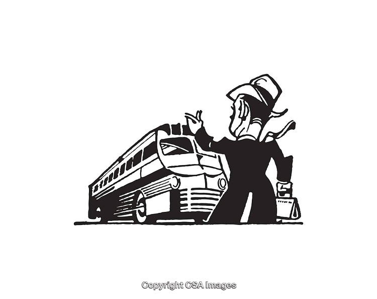 Vintage Line Art Illustration of a Traveler Catching a Bus