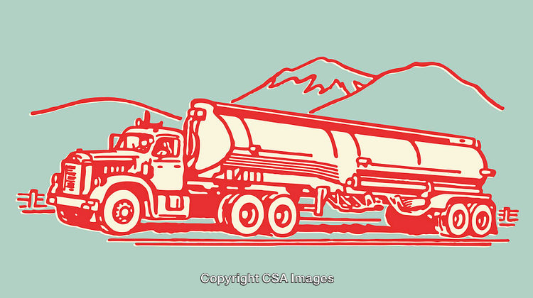 Vintage Line Art Illustration of a Tanker Truck Driving Across Rural Landscape