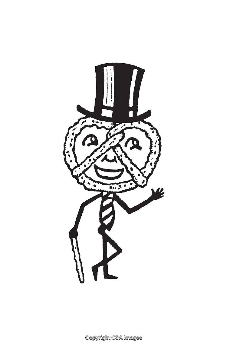 Black and White Line Art Illustration of Pretzel Character in Top Hat