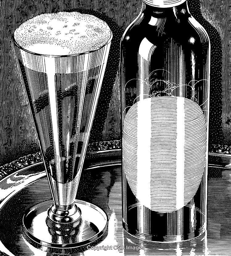 Black and White Engraving of a Beer Glass and Bottle on a Tray