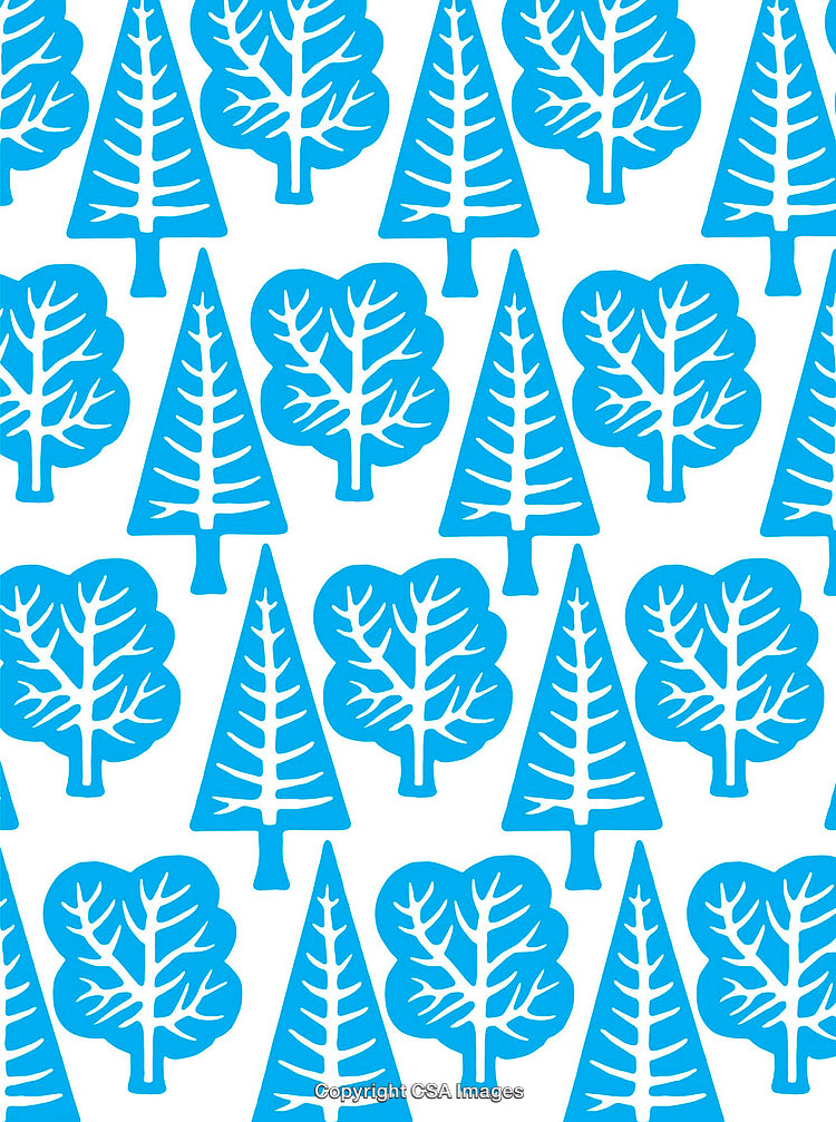 Blue Tree Illustrations Repeated in a Pattern on a White Background