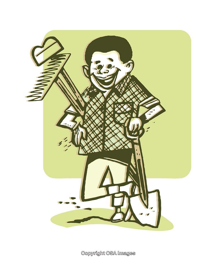 Cheerful Cartoon Person Holding Tools in Rustic Green Scenery Artwork