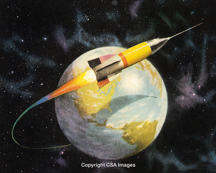 Illustration of a Space Rocket Orbiting Earth With Vibrant Cosmic Background