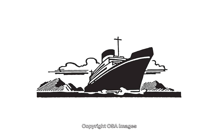Black and White Line Art of a Ship on Open Waters