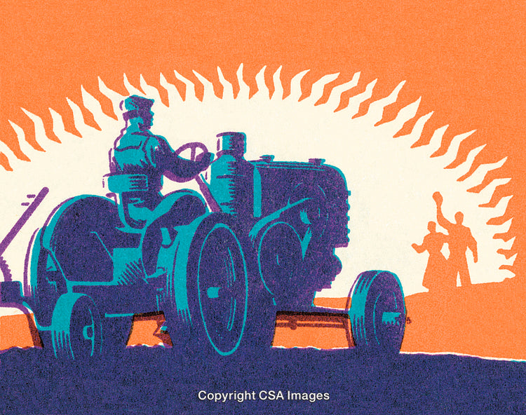 Vintage Agricultural Scene Featuring Tractor and Workers Under Rising Sun Rays