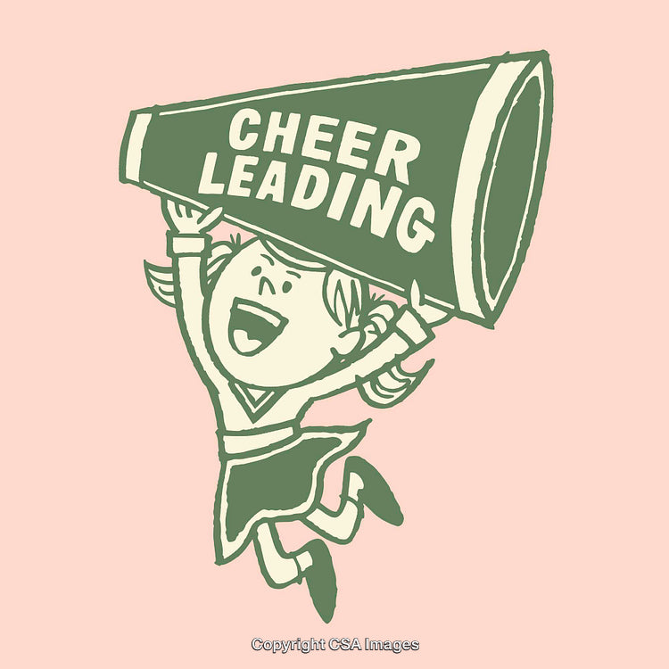 Cheerful Cartoon Cheerleader Character with Megaphone on Retro Style Background