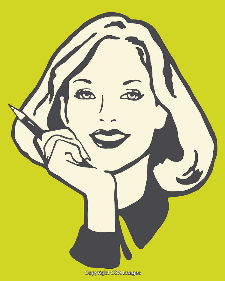Stylized Illustration of a Smiling Woman Holding a Pencil in Line Art Style