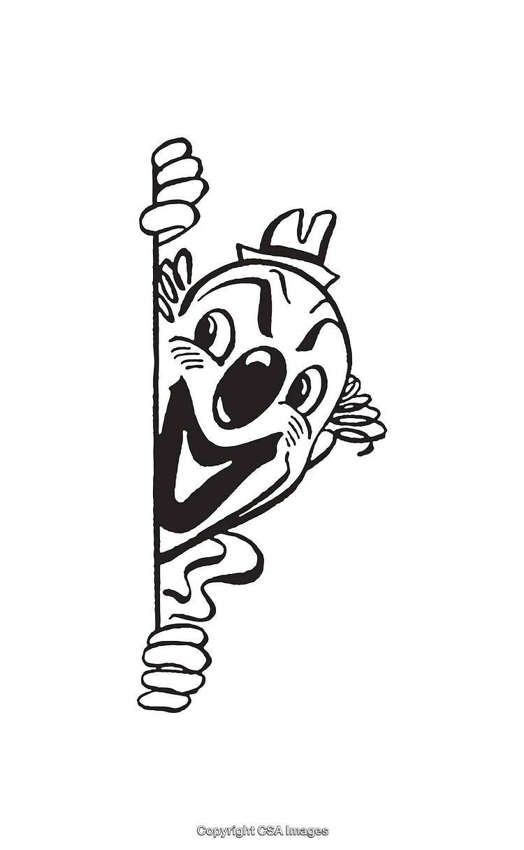 Black and White Line Art of Smiling Clown Peeking Playfully