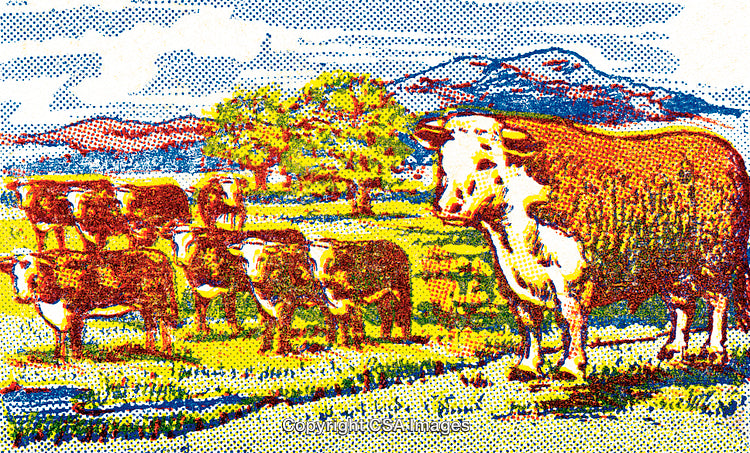 Pop Art Depiction of Cattle in Scenic Pastoral Landscape