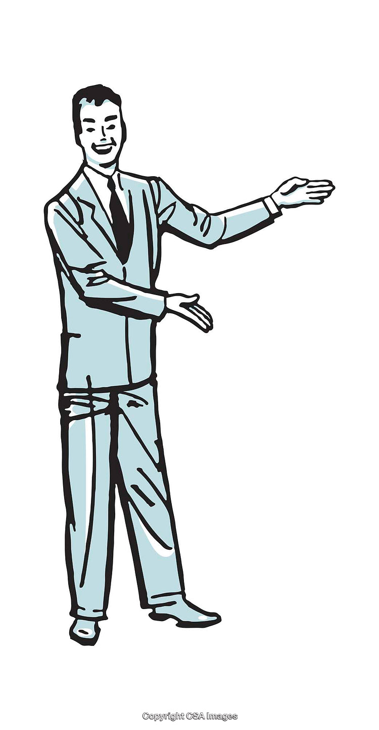 Retro Businessman Illustration Gesturing in Suit with Friendly Expression