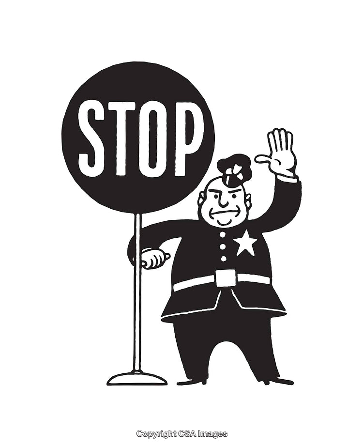 Black and White Line Art of Police Officer with Stop Sign