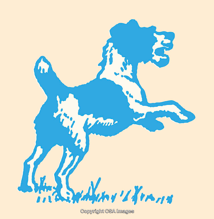 Blue Outline Illustration of a Jumping Dog Silhouette on a Cream Background
