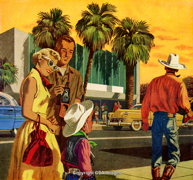 Retro Family Exploring City Streets with Palm Trees at Sunset