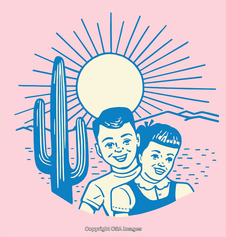 Retro Style Illustration of Happy Children in Desert Landscape with Sun and Cactus