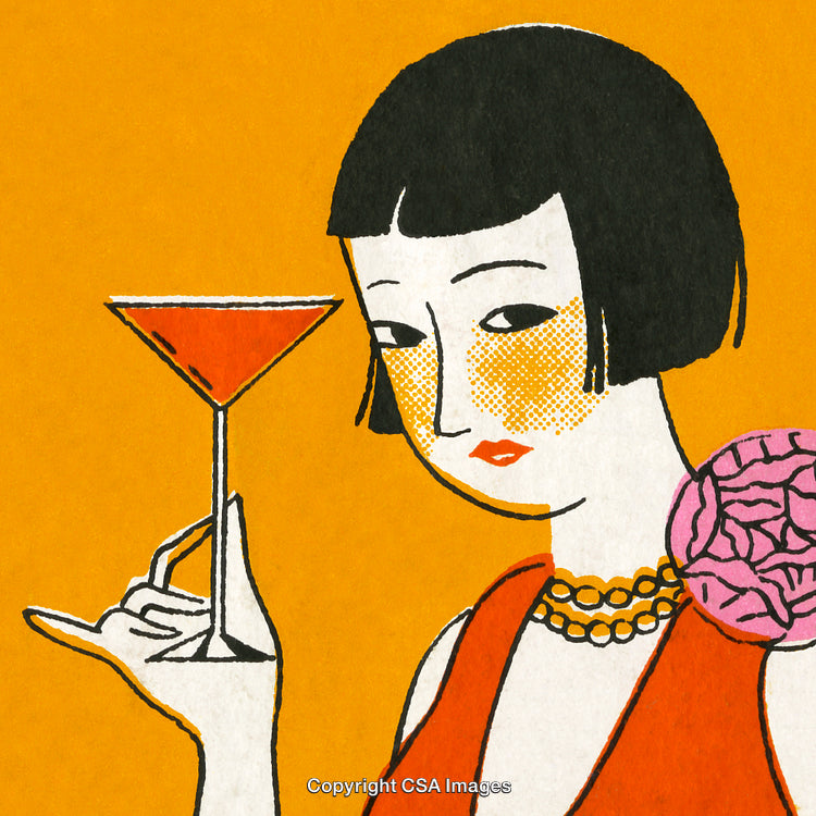 Stylized Illustration of a Woman Holding a Cocktail Against a Bright Background