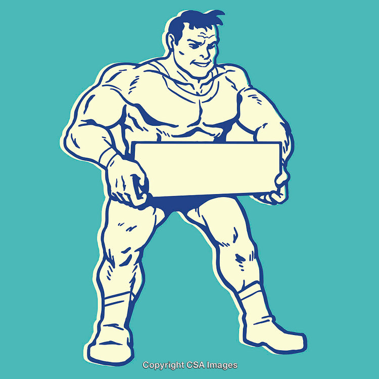 Strong Cartoon Character Holding Blank Sign on Blue Background