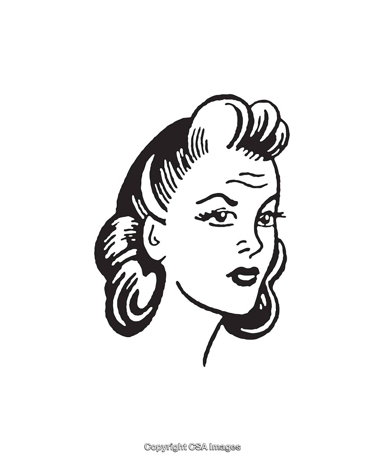 Retro Black and White Line Art of Female Portrait