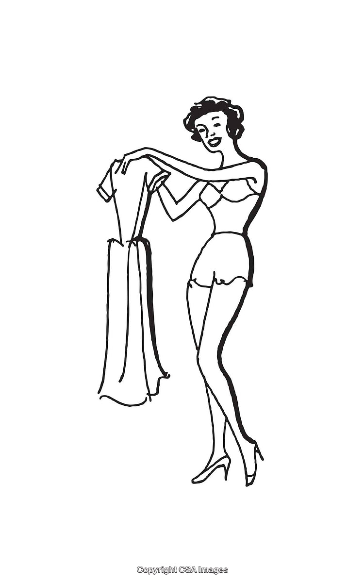 Vintage Black and White Line Art of a Woman Holding a Dress