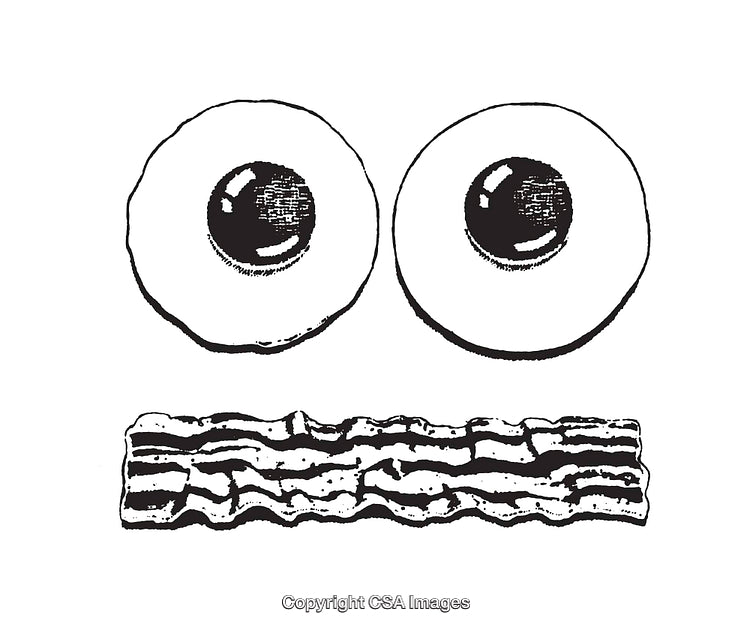 Black and White Line Art of Breakfast Eggs and Bacon Face in Minimal Style
