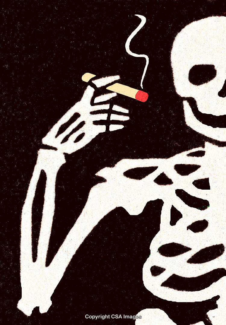 Artistic Illustration of Skeleton Smoking Cigarette with Dark Background