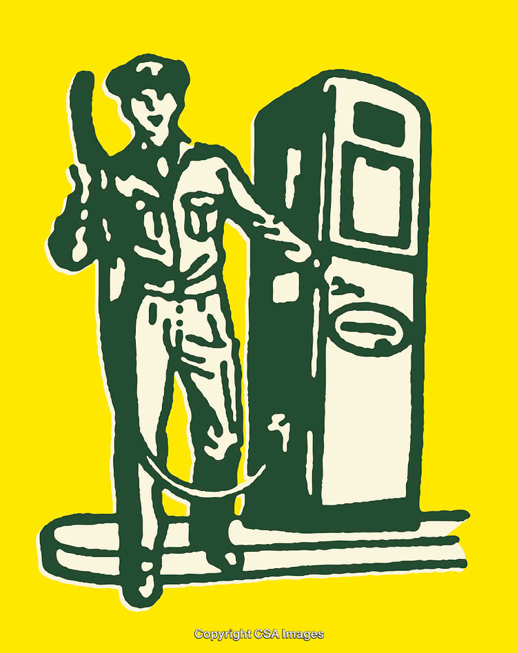 Retro Styled Gas Station Attendant With Pump Illustration Over Yellow Background