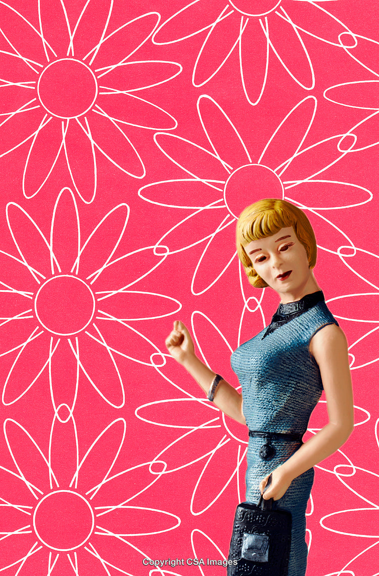 Colorful Doll Figurine with Retro Background Pattern of Large Flowers