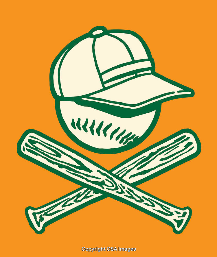 Illustrated Baseball Emblem with Cap and Crossed Bats on Orange Background