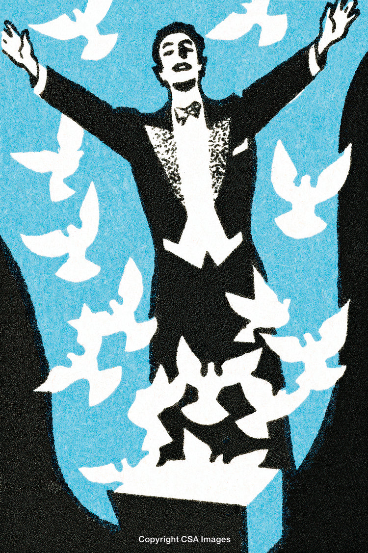 Magician Performing With Doves Flying Amidst a Vibrant Blue Background