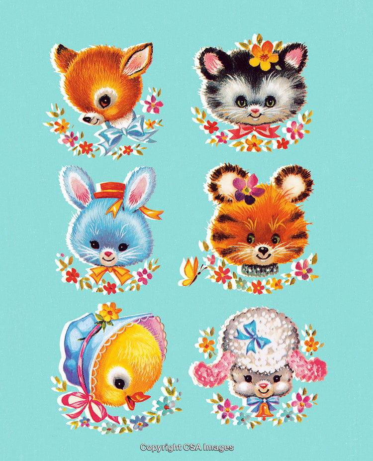 Vintage Illustration Featuring Cute Animal Faces with Colorful Flowers