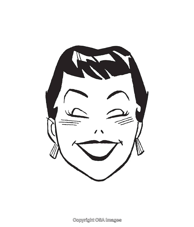 Retro Smiling Woman Line Art Illustration in Black and White Style