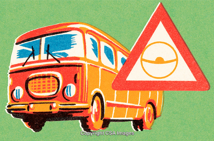 Retro Styled Illustration of a Bus with a Road Sign on Green Background