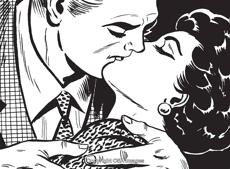 Romantic Kiss in Vintage Black and White Pop Art Style