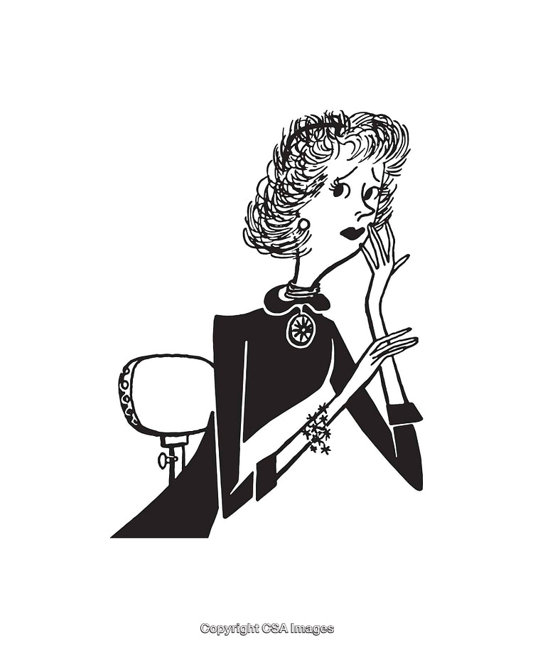 Elegant Woman in Vintage Black and White Line Drawing Style