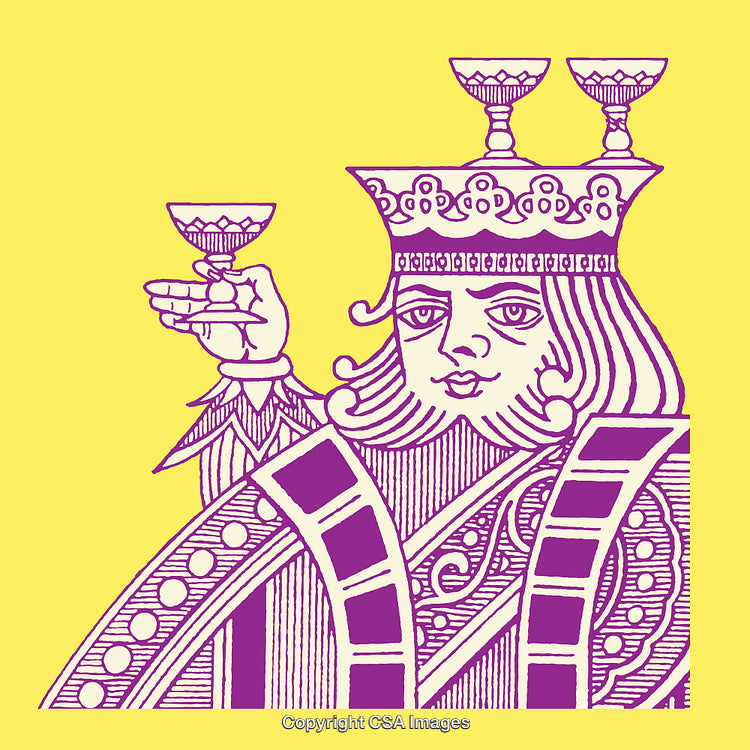 King of Cups Line Drawing in Yellow and Purple Tones