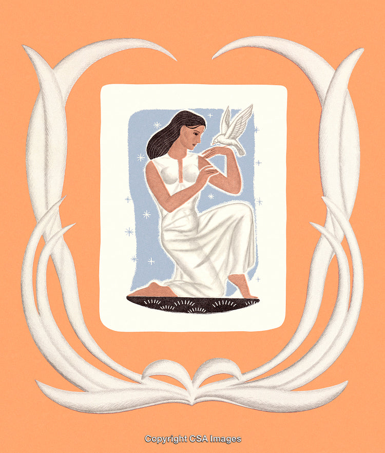Elegant Woman with Dove Depicted in a Graceful Art Deco Style Illustration
