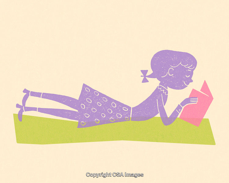 Young Girl Reading a Book While Lying on Grass, Simple Artwork