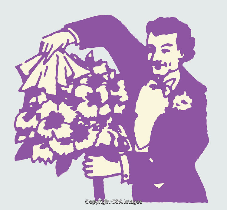Vintage Illustration of a Gentleman Holding a Bouquet of Flowers