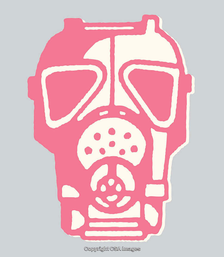 Pink Line Art Illustration of a Gas Mask on Gray Background