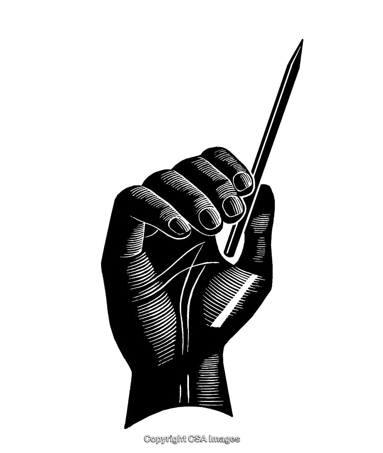 Black and White Engraving of a Hand Holding a Sharp Object