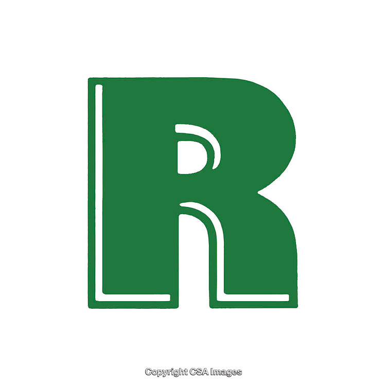 Green Letter R with a White Outline on a White Background
