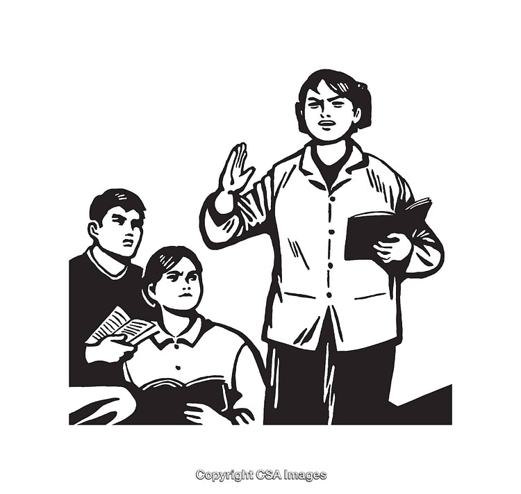 Black and White Artwork of Figures Holding Books and Gesturing